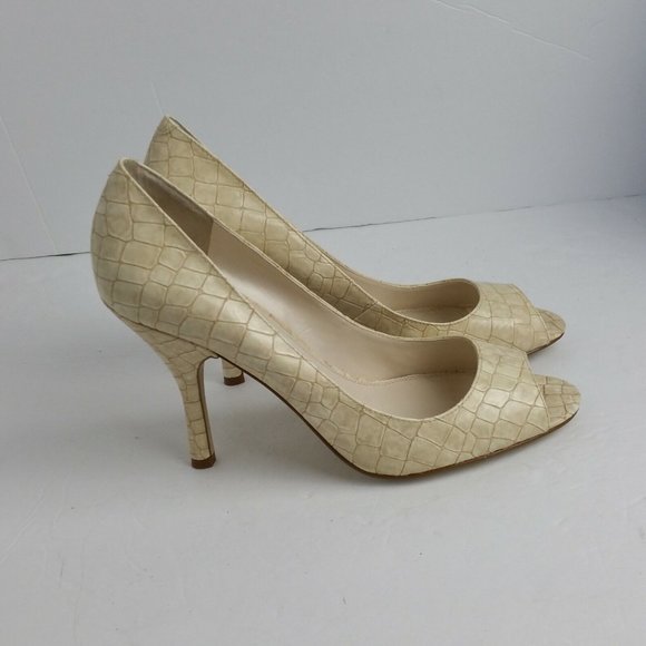 Enzo Angiolini Maylie Heels 8.5 Ivory Beige Embossed Patent Open Toe Snakeskin - Picture 12 of 12